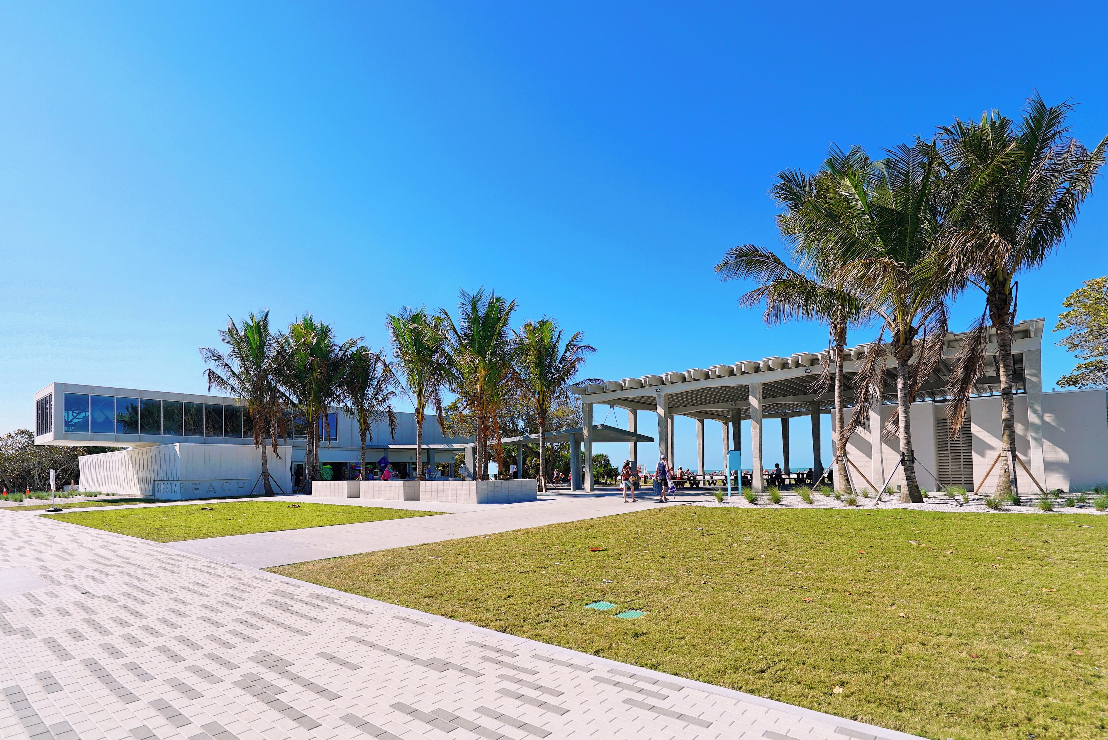 A modern building with a glass facade, a covered outdoor seating area, and palm trees.