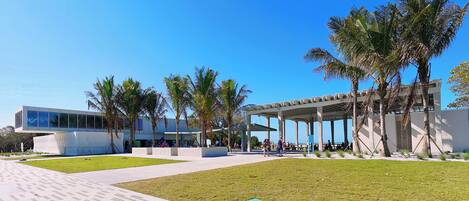 A modern building with a glass facade, a covered outdoor seating area, and palm trees.