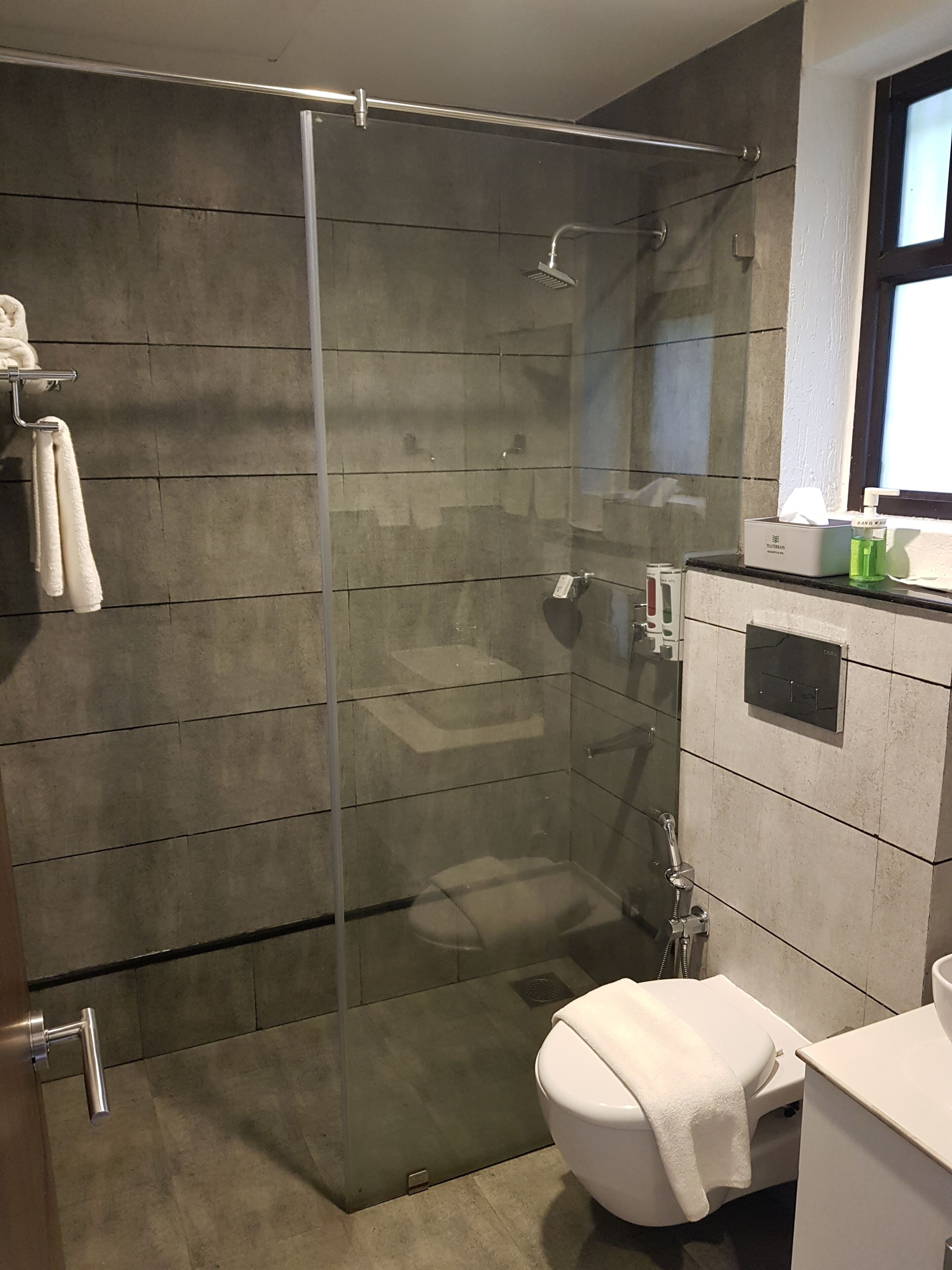 A modern bathroom with a glass-enclosed shower, a toilet, and a sink.