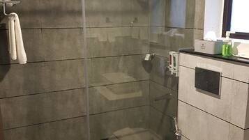 A modern bathroom with a glass-enclosed shower, a toilet, and a sink.