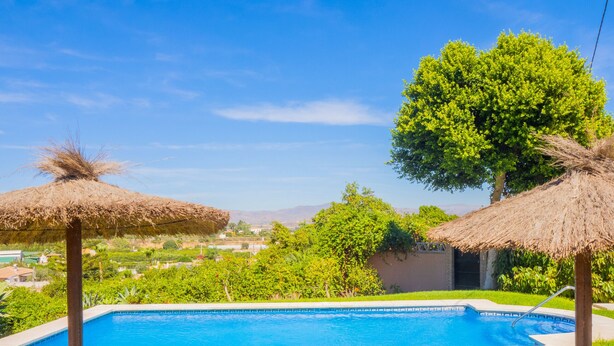 Une piscine agrémentée de deux parasols en chaume, entourée de pelouse verdoyante et d’arbres.