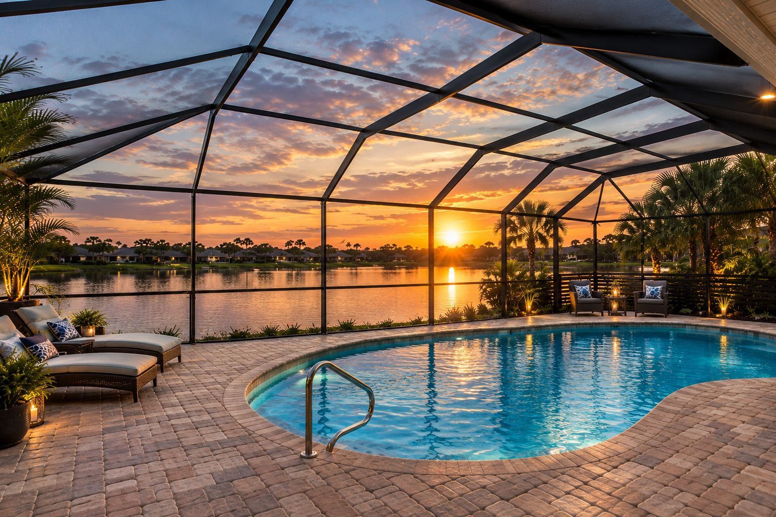 A pool area with a view of a sunset over a body of water, surrounded by palm trees and lounge chairs.