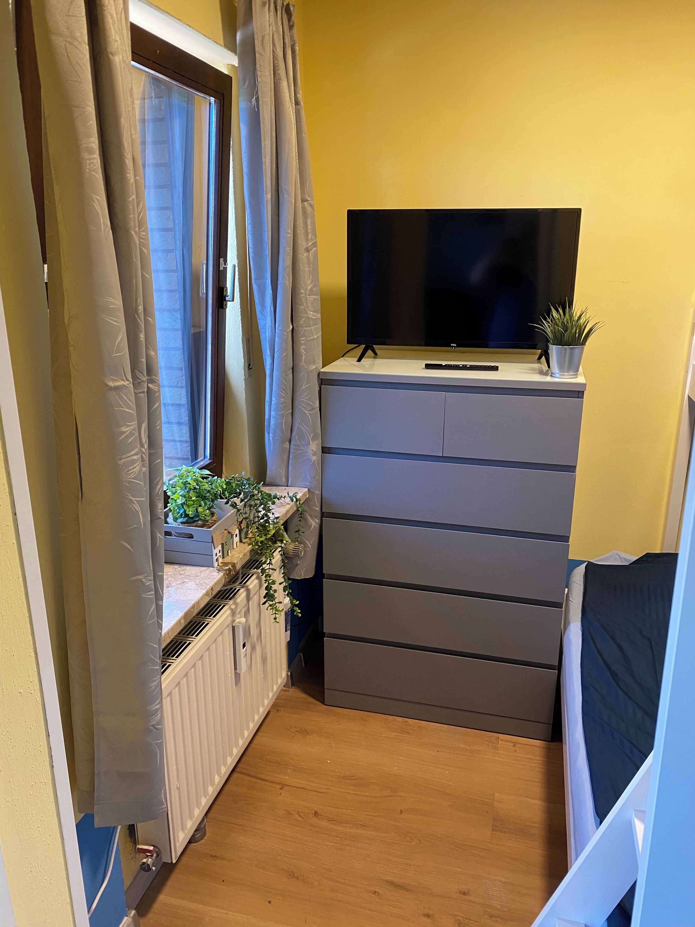 A compact room with a window, a radiator, a TV, and a small plant on a dresser.