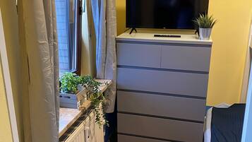 A compact room with a window, a radiator, a TV, and a small plant on a dresser.