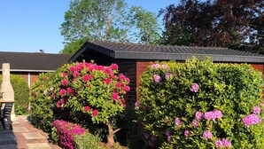 Un jardin avec un chemin en briques, un barbecue et un bâtiment en bois doté d’un toit en pente.