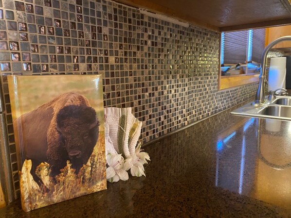 A kitchen with a tiled backsplash, a stainless steel sink, and a framed picture of a bison. - RMNP,Longs Peak Views,Fireplace,Grill,Deck,Mtn Neighborhood Above Estes Park (Estes Park)