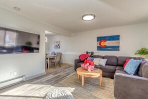 A modern living room with a dark brown sofa, a wooden coffee table, and a flat-screen TV mounted on the wall. - Bunk A: Dog Run and Firepit Fun (Fruita)