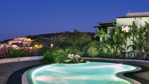 Una piscina de borde ondulado, rodeada por una terraza de madera y abundante vegetación.