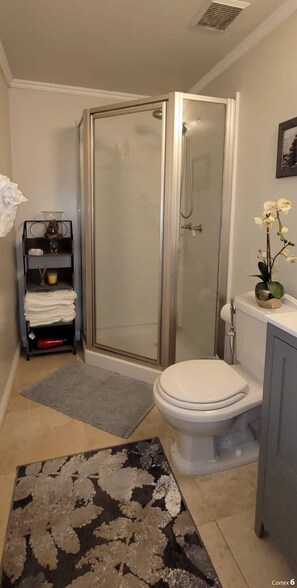 Combined shower/bathtub, jetted bath, hair dryer, bidet