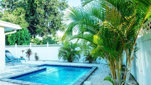 Una piscina rectangular con una cerca blanca y palmeras al fondo.