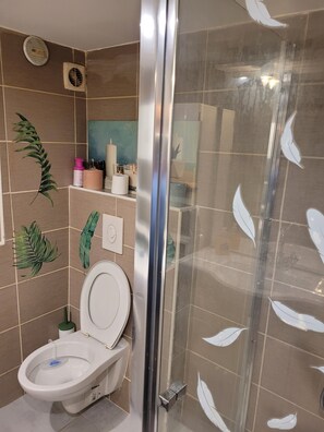 Douche, sèche-cheveux, serviettes fournies, savon