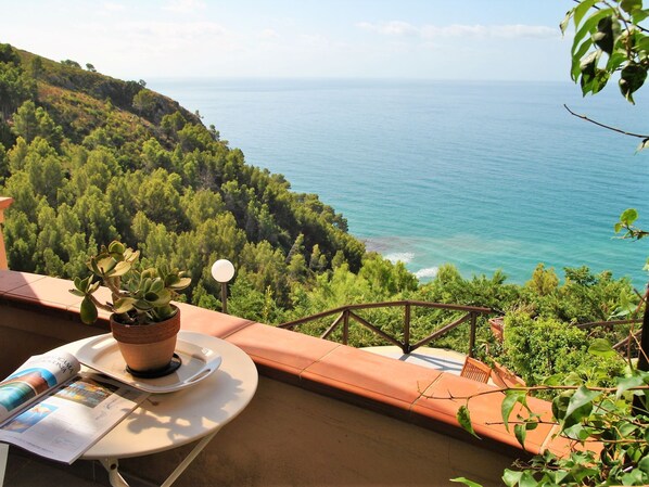 A balcony with a potted plant, a table with a magazine, and a view of the sea and forested hills.