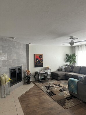 Smart TV, caminetto, lettore DVD, libri