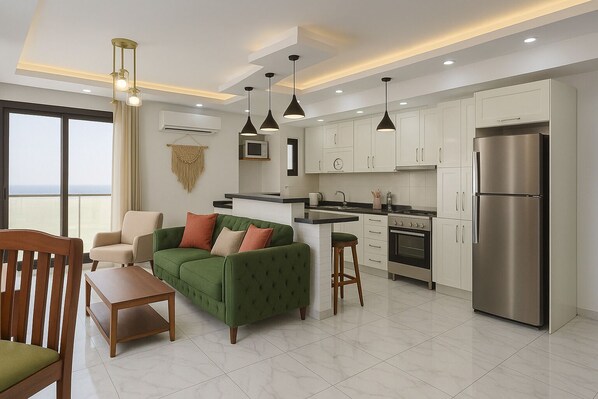 Refrigerador, microondas, horno, utensilios de cocina