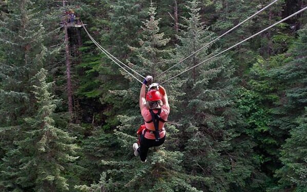A person zip-lining through a dense forest.