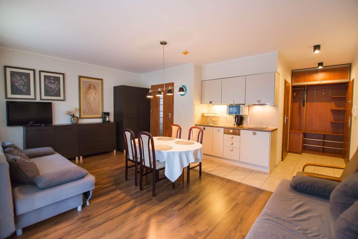 Ein modernes Wohnzimmer mit Essbereich, einer Küche und einem begehbaren Kleiderschrank.