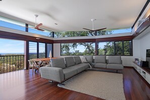 Smart-TV, bøker og stereoanlegg