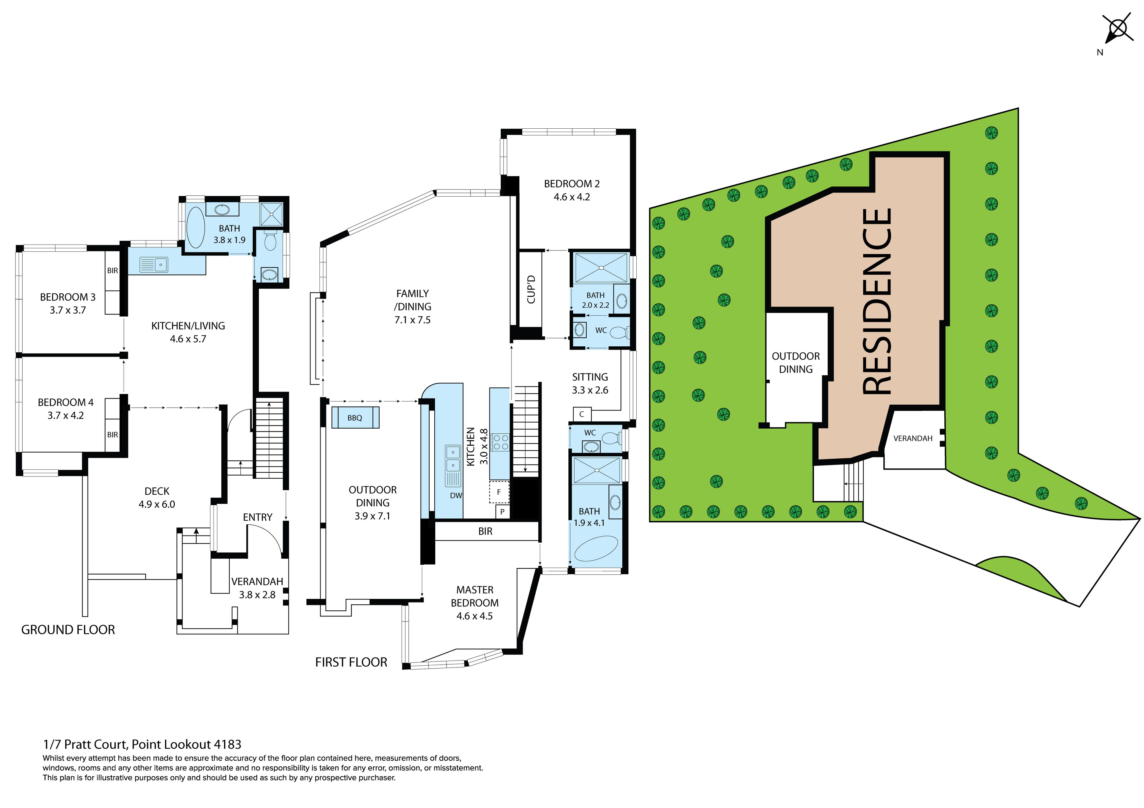 Ein Grundriss einer Residenz mit Schlafzimmer, zwei Schlafzimmern, einer Küche, einem Essbereich, einem Wohnzimmer, einem Badezimmer, einer Terrasse und einem Essbereich im Freien.