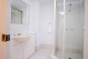 Shower, hair dryer, towels, shampoo