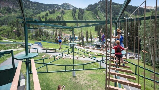 An outdoor adventure park with rope bridges and wooden platforms.