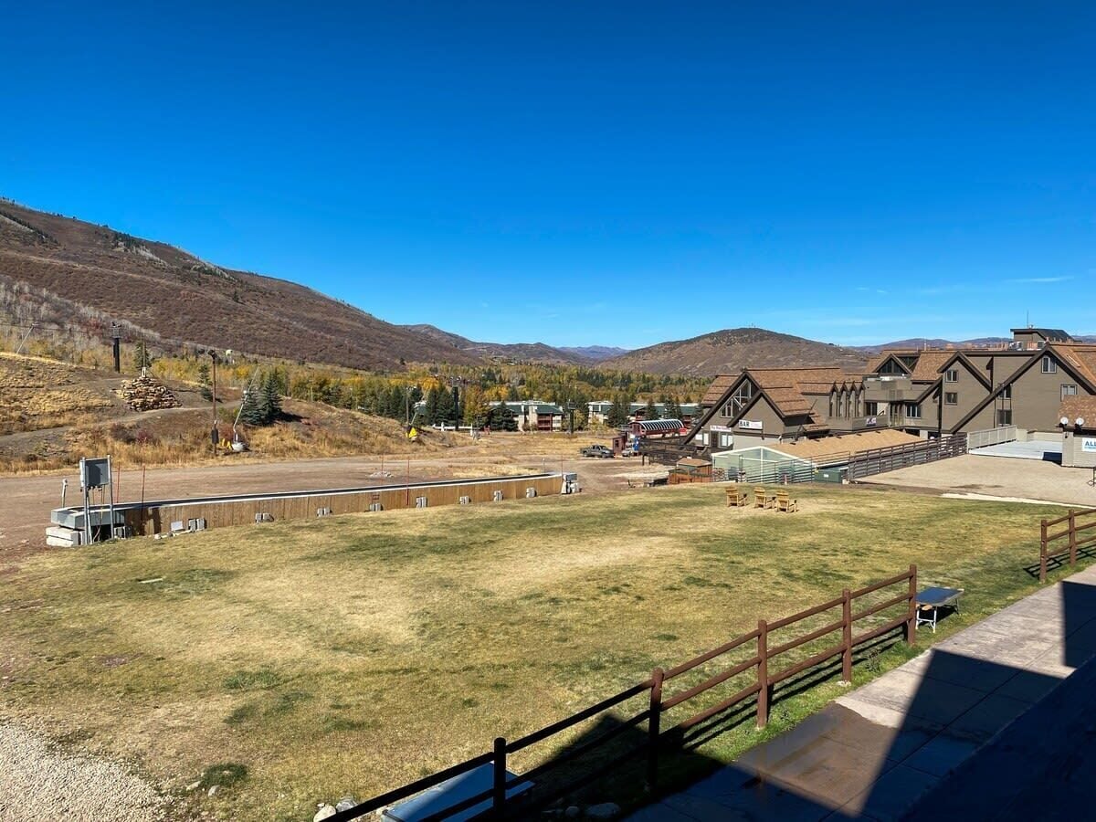 A fenced outdoor area with a grassy field, buildings with a rustic architectural style, and a clear blue sky.