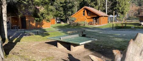 A wooden cabin with a patio area, a table, and benches.