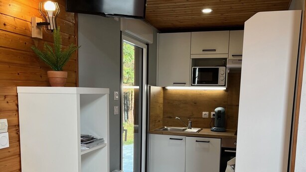 A compact kitchen with white cabinets, a microwave, and a built-in oven. There's a potted plant on a shelf and a door leading outside. - Chalet Capucine 1 in the heart of the Vosges mountains (Gérardmer)