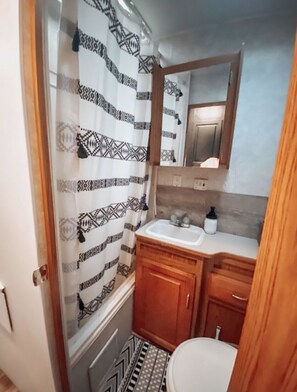 Une salle de bain avec un rideau de douche, un lavabo, un miroir et des meubles en bois.