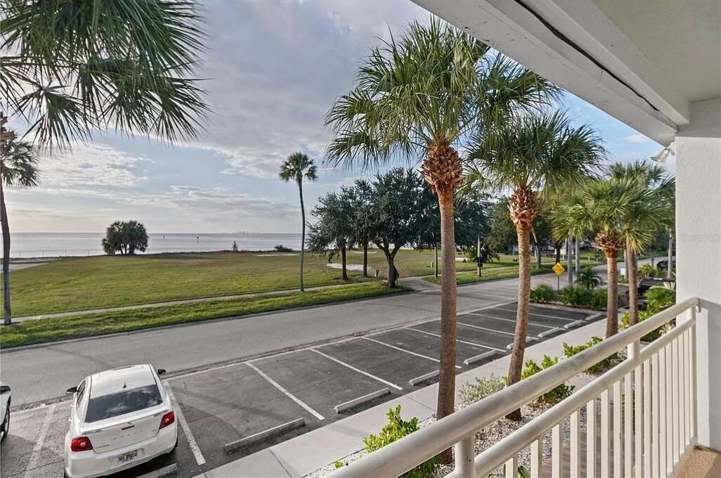 A parking lot with a white car, palm trees, and a view of the ocean.