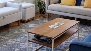 Un salon comprenant un canapé, une table basse, une table d’appoint et une grande plante.