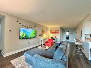 Smart TV, fireplace, table tennis, books