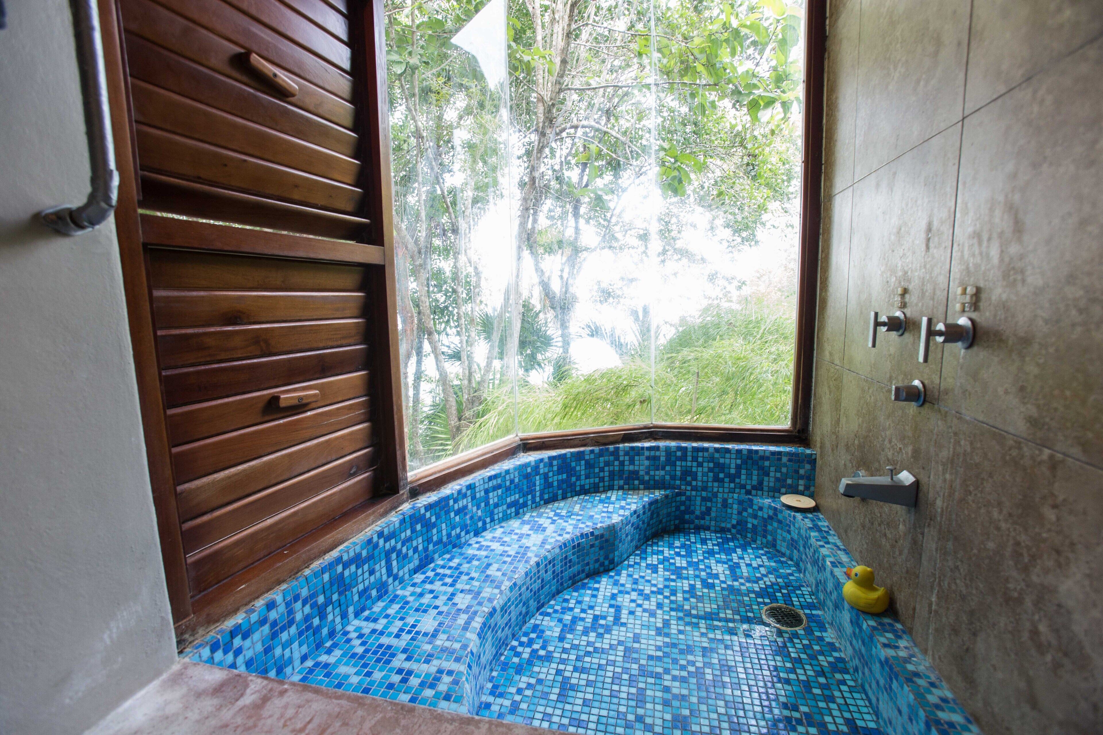 Combined shower/tub, hair dryer, towels, soap