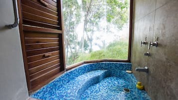 Combined shower/tub, hair dryer, towels, soap