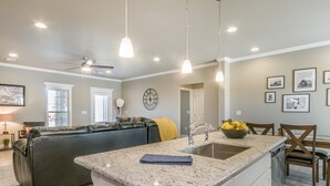 Une cuisine moderne dotée de plans de travail en granit, d’un lave-vaisselle encastré et de luminaires suspendus.