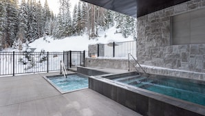 Un espace de bien-être comprenant un jacuzzi et une piscine, entouré d’un mur de pierre et offrant une vue sur une forêt enneigée.