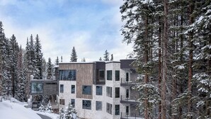 Un bâtiment moderne à plusieurs étages, entouré d’arbres couverts de neige.