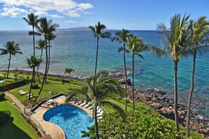 Relax by the pool surrounded by lush greenery and tall palm trees, with access to the beach and ocean.