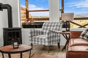 Smart TV, fireplace, books