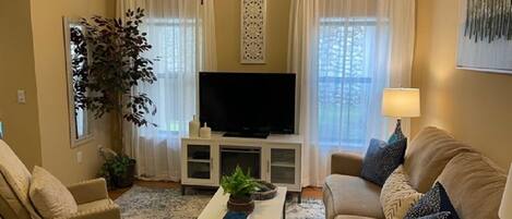 Smart TV, fireplace, DVD player