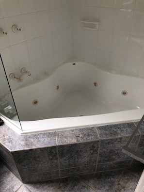Shower, jetted tub, hair dryer, towels