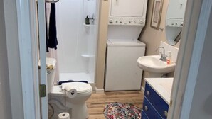 A compact bathroom with a toilet, a washing machine, a sink, and a mirror. - Lovely Lovelock Landing (Lovelock)
