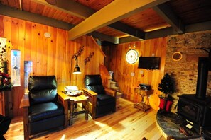 Smart TV, chimenea, libros y biblioteca musical 