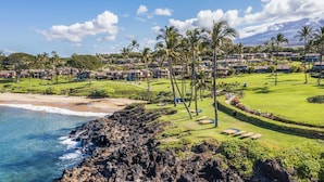 A coastal resort with beachfront properties, a well-maintained lawn, and a view of the ocean. - Stunning 2-bedroom Wailea Elua, walk to beach, ocean view!  (Kihei)