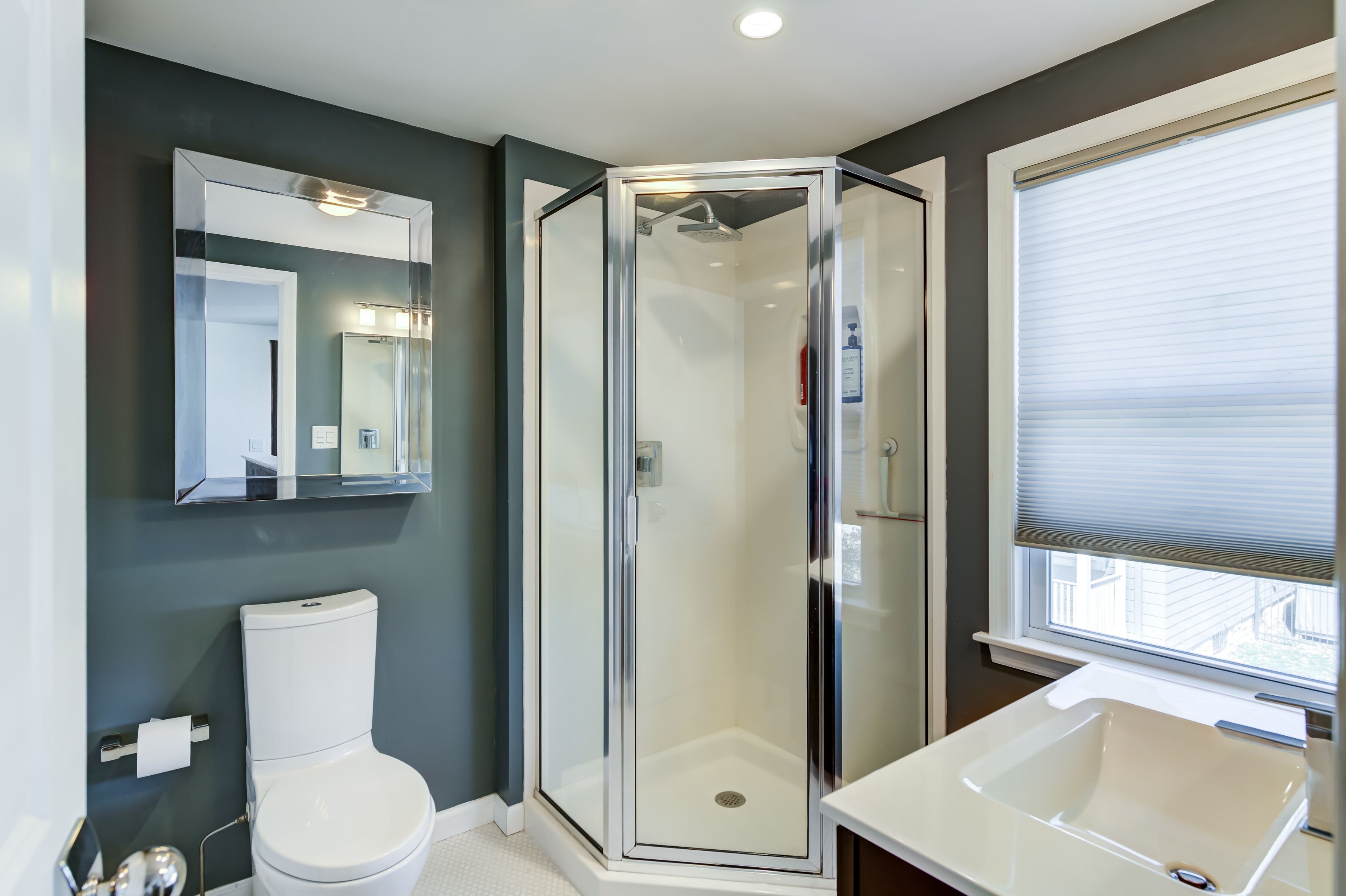 Douche, serviettes fournies, papier toilette