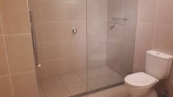 Douche, baignoire à remous, séchoir à cheveux, serviettes fournies