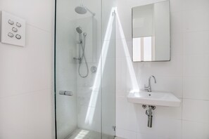 Combined shower/bathtub, hair dryer, towels, soap