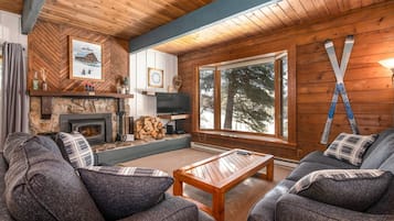 Smart TV, chimenea, reproductor de DVD y libros