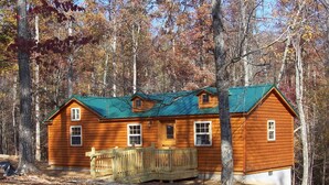 A wooden cabin with a green roof, surrounded by trees.