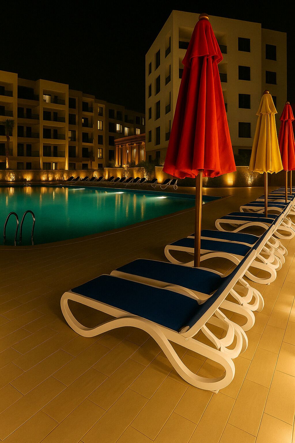 A poolside area with lounge chairs and umbrellas, a swimming pool, and a building in the background.