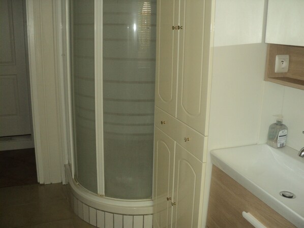 A bathroom with a shower, a sink, and a mirror.